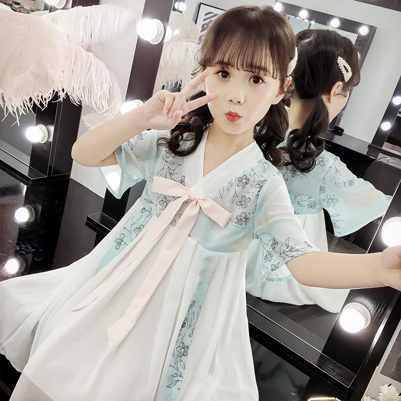 

Chinese style girls dress summer 2019 new Baby girls printing dresses bow tie costume Kids Hanfu dress for girls age 2 4 6 8 10Y