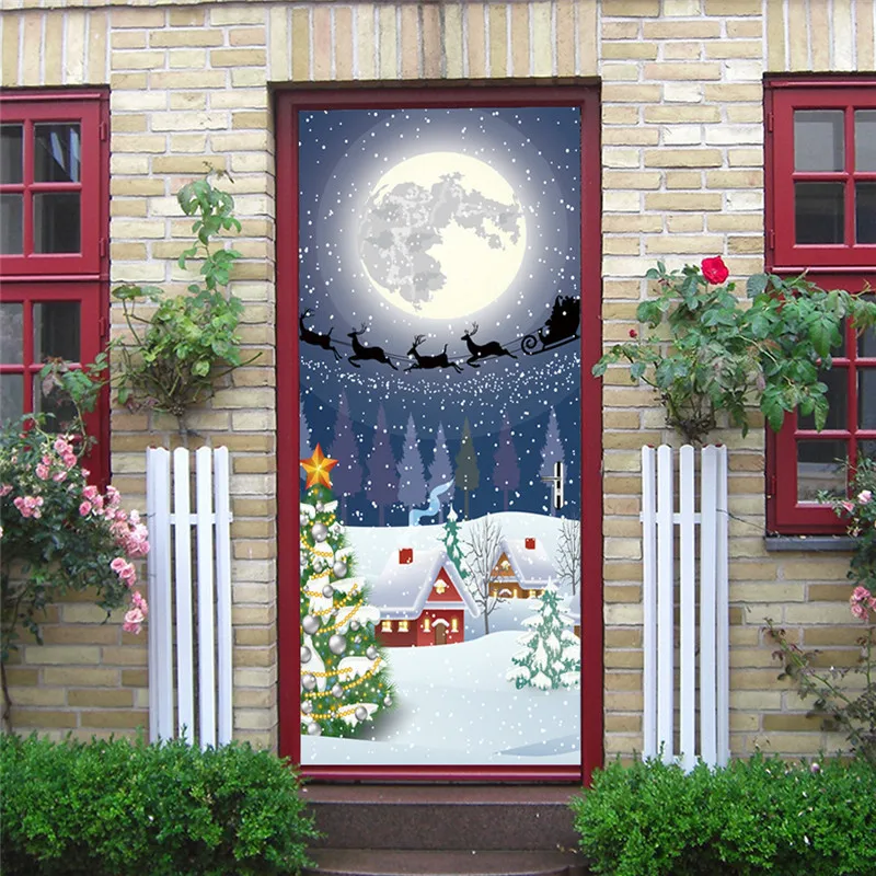 Merry Christmas дверные наклейки водонепроницаемые самоклеящиеся обои для DIY Новогодняя декоративная деревянная дверь ремонт настенные наклейки
