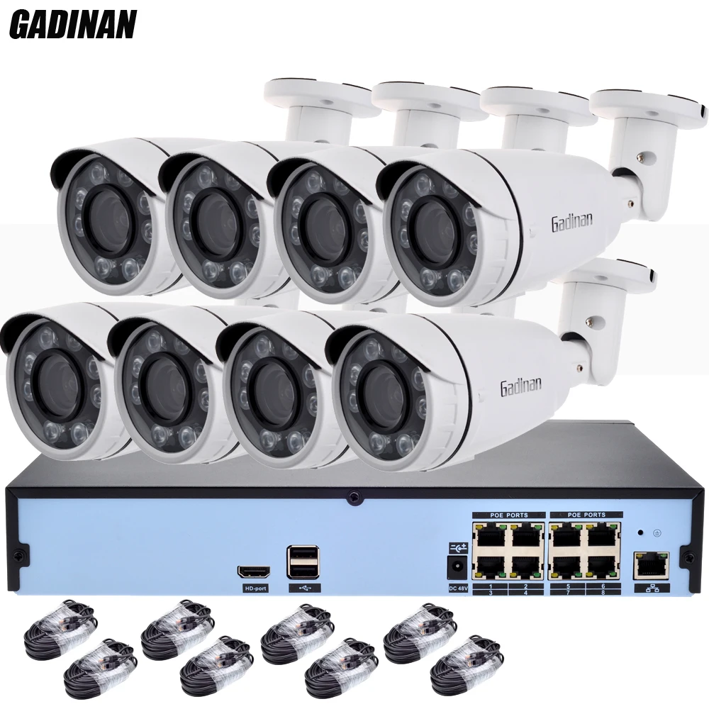 GADINAN H.265 Security Surveillance Kits 8CH 4K 48V PoE NVR 4MP 25FPS 2.8-12mm Zoom Lens IP Camera POE System P2P CCTV IP System