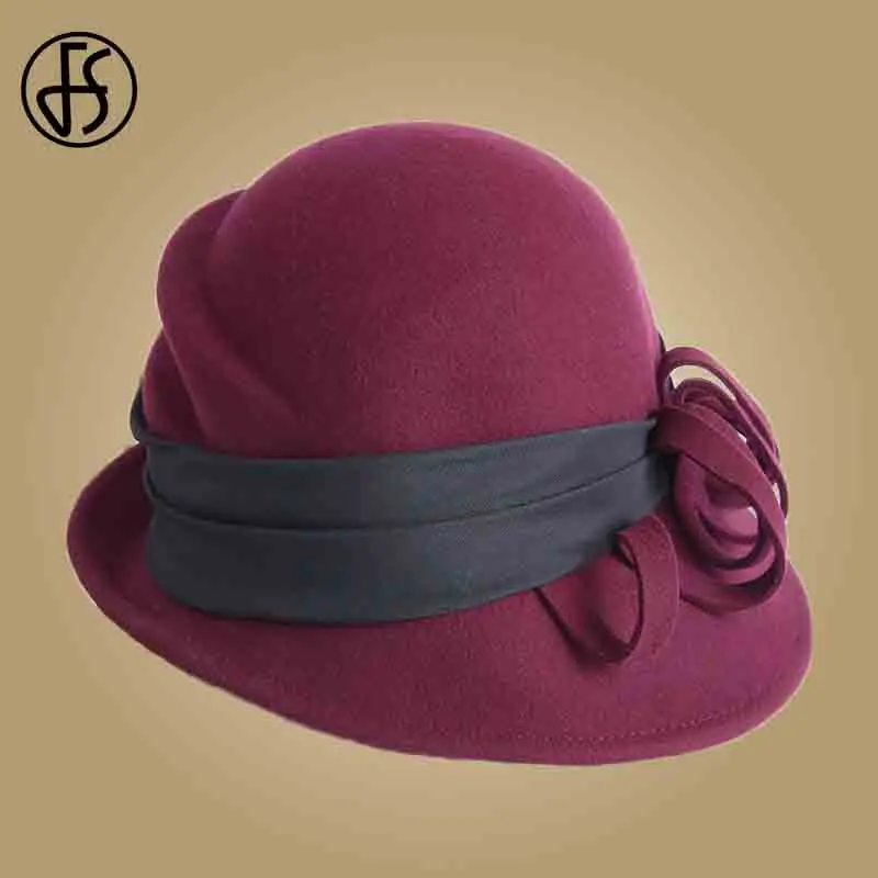 Wine Red Wool Fedora FS элегантные шерстяные фетровые шляпы женские черные фетровые модные широкие шляпы котелок вечерние головные уборы церковный колокол - Цвет: Wine Red Wool Fedora