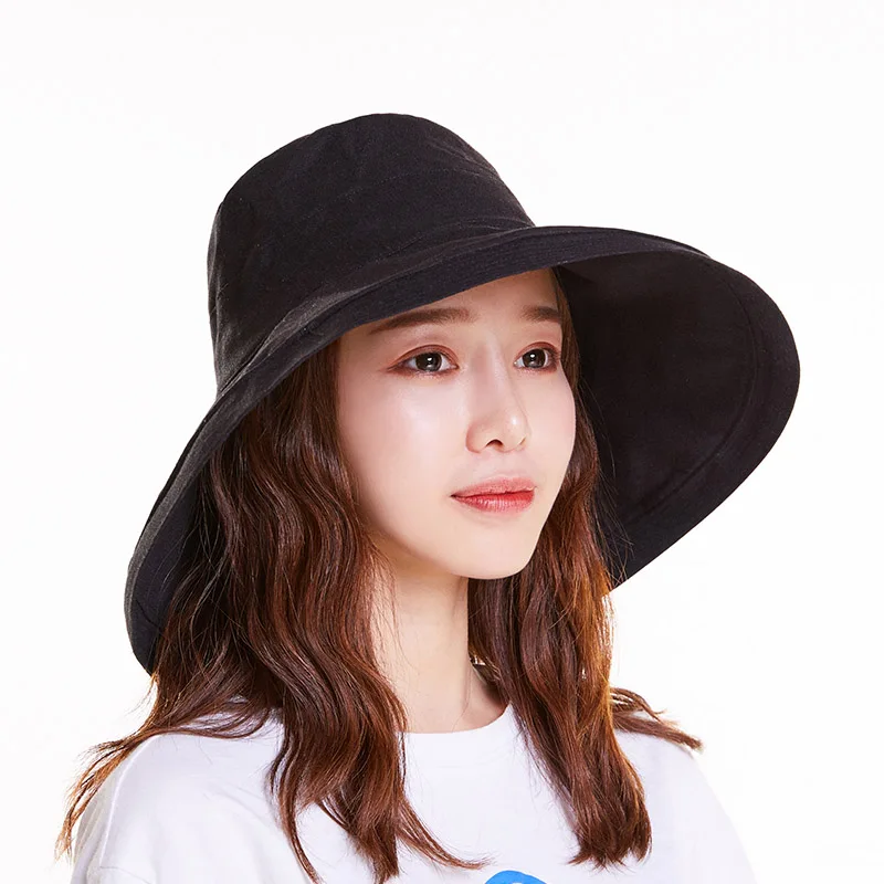 Solid Casual Wide Brim Bucket Hat Women Summer Adult Cotton Black