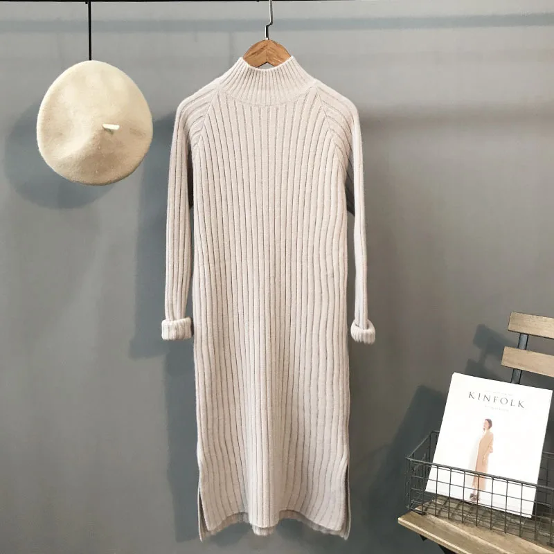 

Beige Grey Black Casual Women Half Turtleneck Long Sleeve Cashmere Solid Dress 2018 Warm Winter Korean Sweater Dresses Pullovers