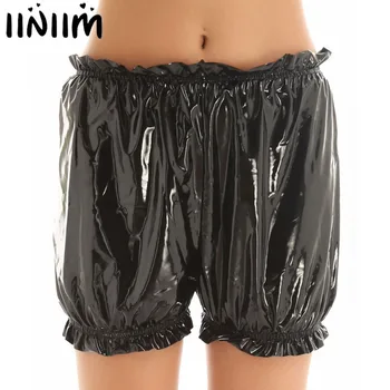 

Women Lingerie Panties Wetlook Sexy Punk Clubwear Costumes Patent Leather Hem Ruffled Elastic Waistband Boxer Shorts Underwear