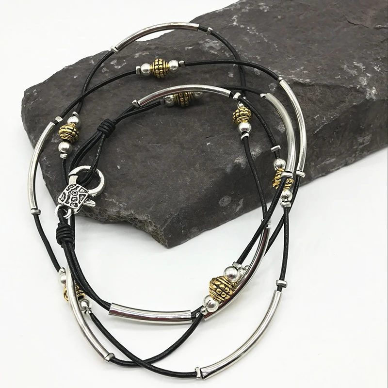 Ретро Модные Кожаные Веревки, ручной работы браслет, позолоченные серебряные фитинги, примитивные этническом стиле браслет B033