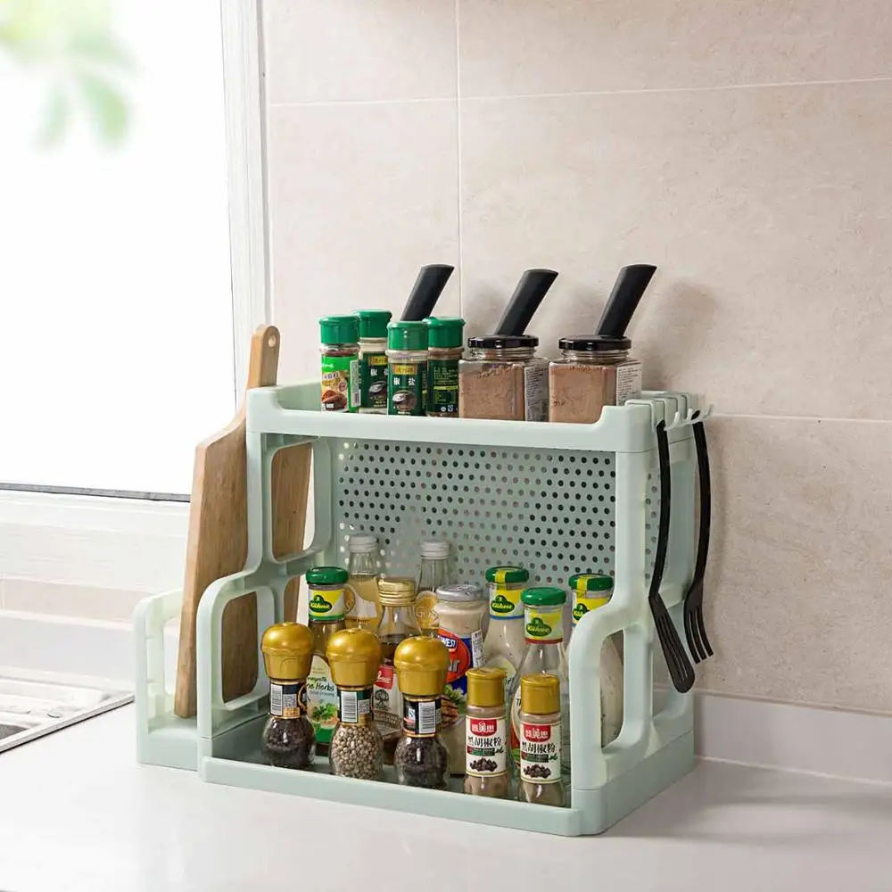 

Kitchen Storage Shelf Rack Double Layer Cutting Board Knife Holder Spices Rack Seasoning Jars Holder Kitchen Organizer Shelves