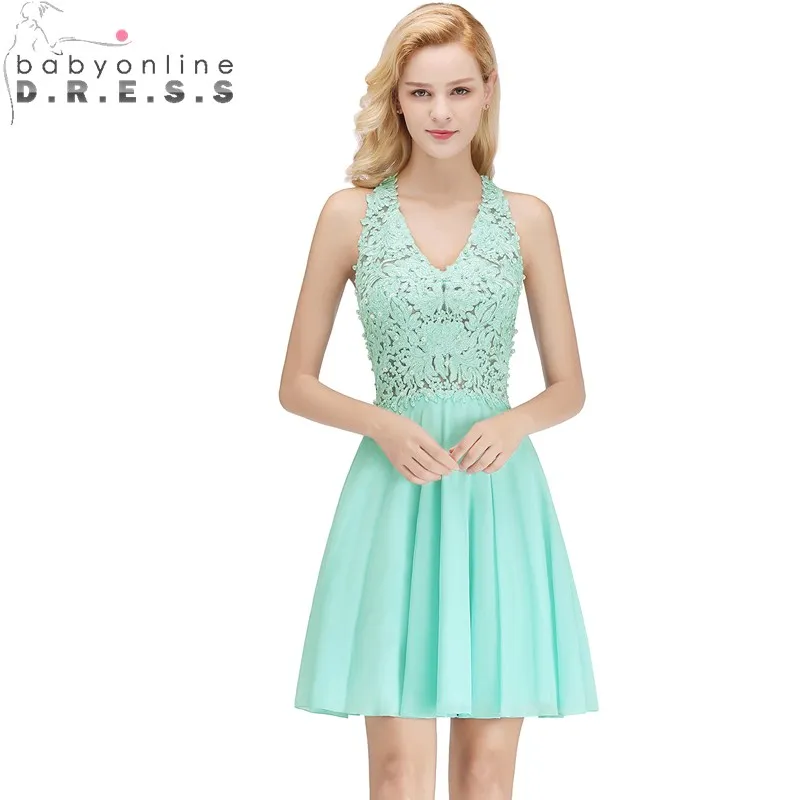 

Elegant Cut-out Back Lace Short Evening Dress V Neck Sleeveless Appliques Pearls Evening Gown Robe De Soiree Courte