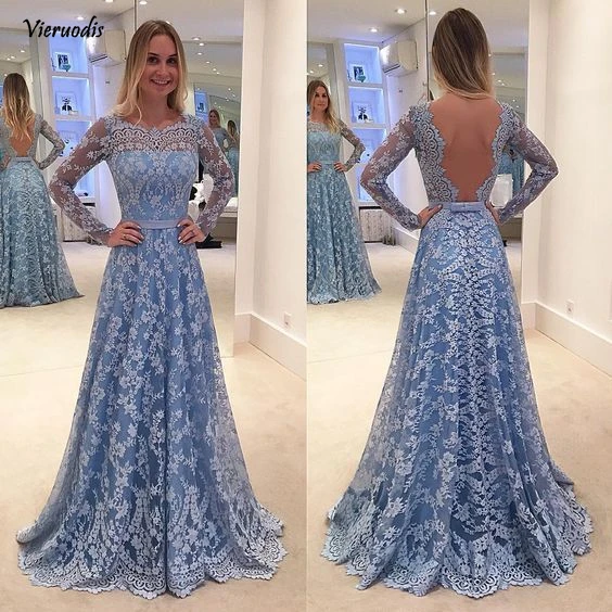 

New Arrival A-Line Prom Dresses 2019 Boat Neck Long Sleeves Floor Length Lace Backless Long Evening Dress Vestido de festa