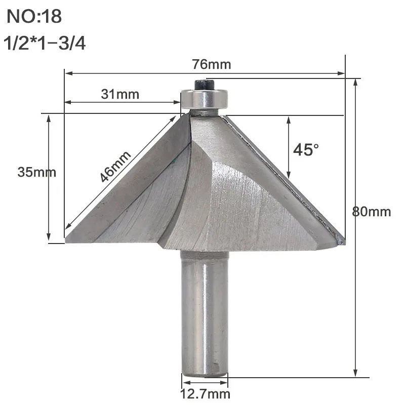 1 шт. 1/" 1/2" хвостовик фаски Фрезы для дерева конский нос бит 45 градусов Деревообрабатывающие инструменты с ЧПУ Два флейты Концевая фреза - Длина режущей кромки: NO18