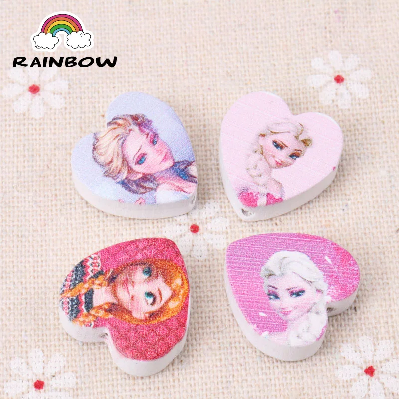 Mixed Icesnow Queen Paintied Pattern Heart Shape Wooden Spacer Beads