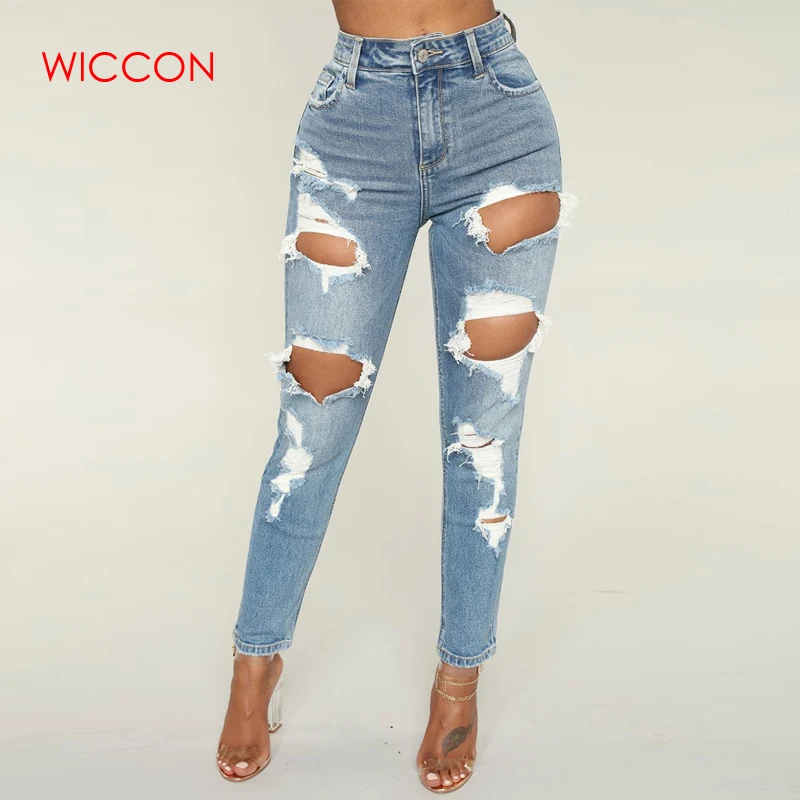 Мода отверстие тонкий Высокая Талия джинсовые узкие брюки-карандаш Повседневное уличная Рваные джинсы для Для женщин Демисезонный синие