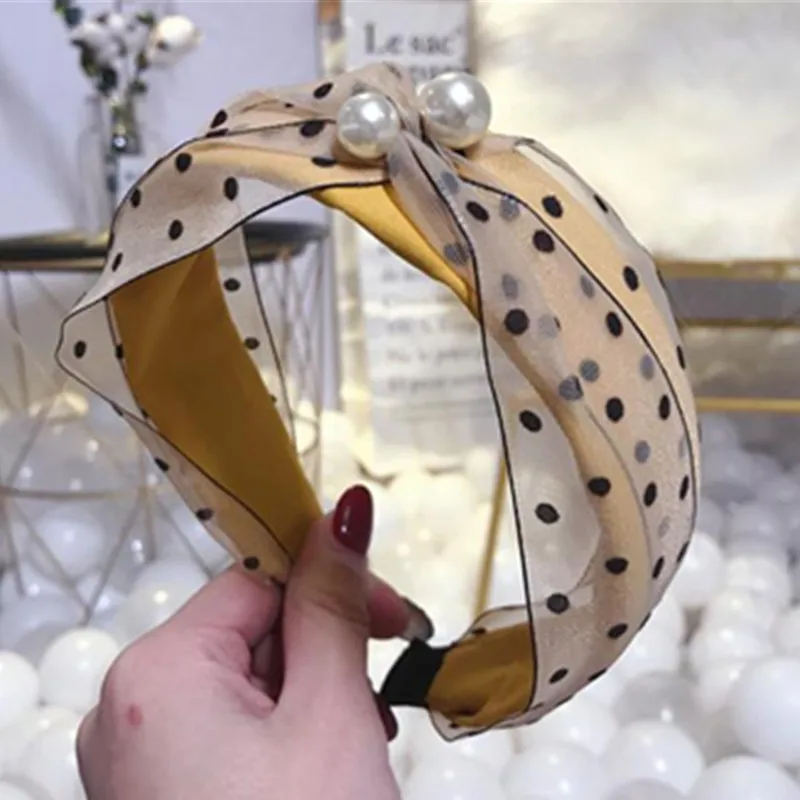 

Dots Print Headband for Women Pearl Decorated Cross Hairband Color Blocking Fabric Mesh Head Band Girls Sweet Hair Headband