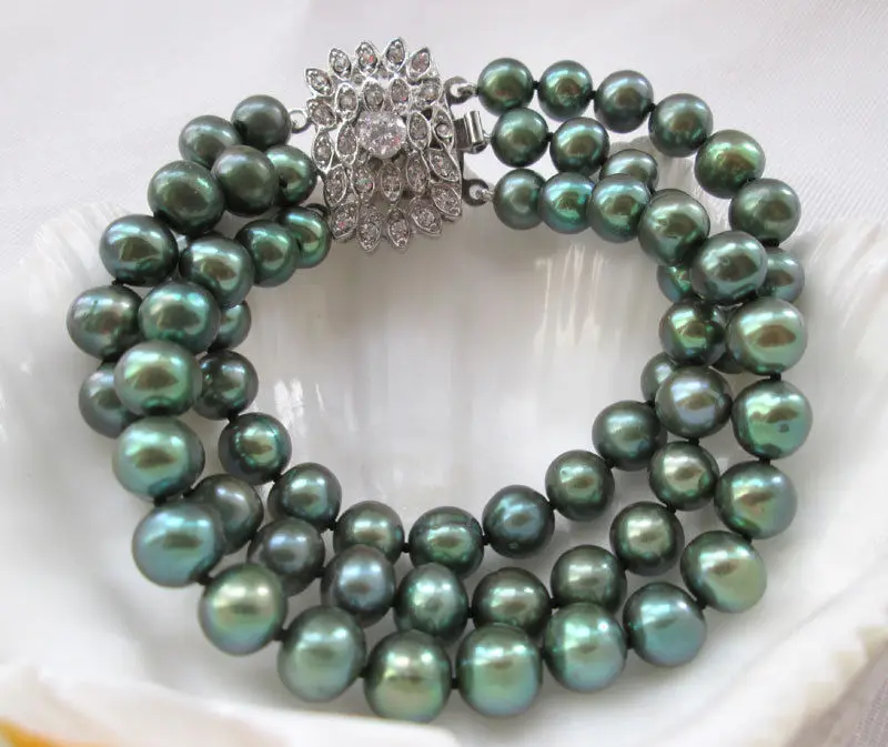 

Free Shipping >>>>> Beautiful 8" 3row 9mm green round freshwater pearl bracelet