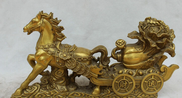 

JP S62 14 Chines Brass Folk Ru Yi Wealth cabbage Fengshui Zodiac Year Horse car Statue B0403