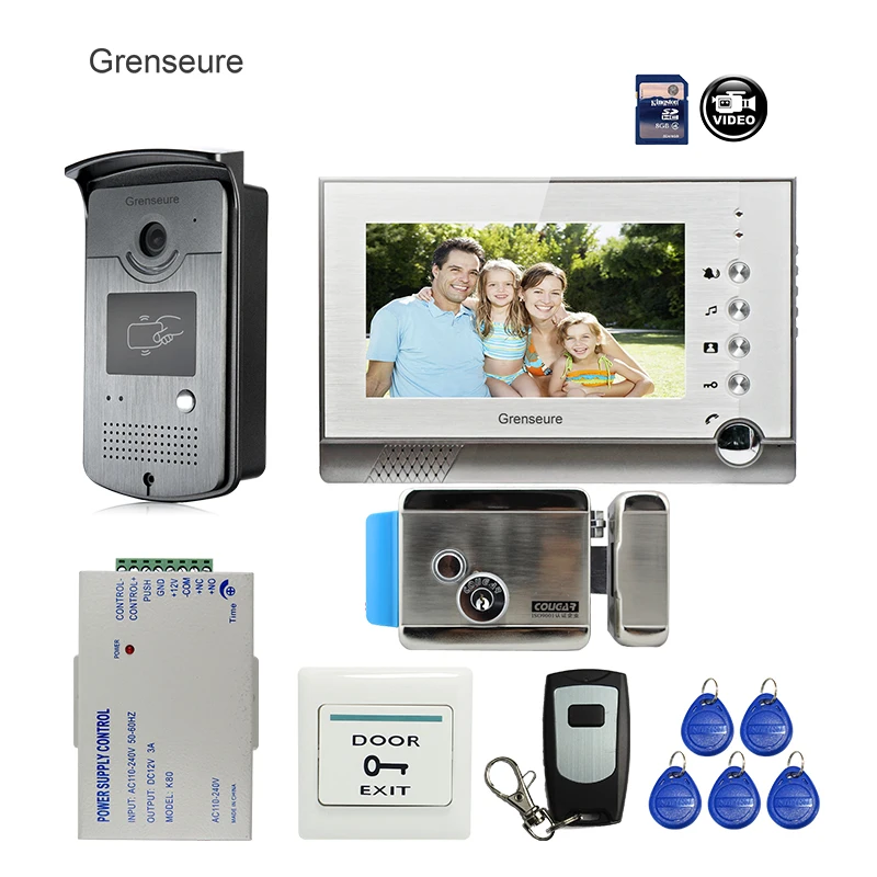 " цветной дверной монитор видеодомофон домашний дверной телефон рекордер система+ водонепроницаемый дождевик+ 8G SD+ E-Lock