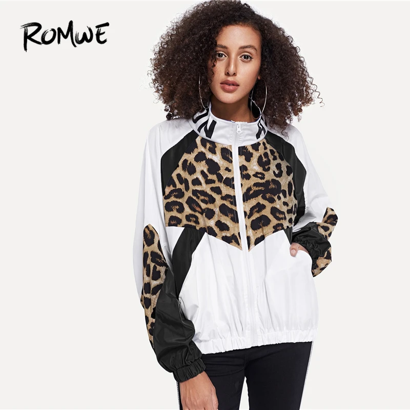 

ROMWE Letter And Leopard Print Jacket 2019 Casual White Colorblock Spring Autumn Outer Zipper Stand Collar Long Sleeve Coat