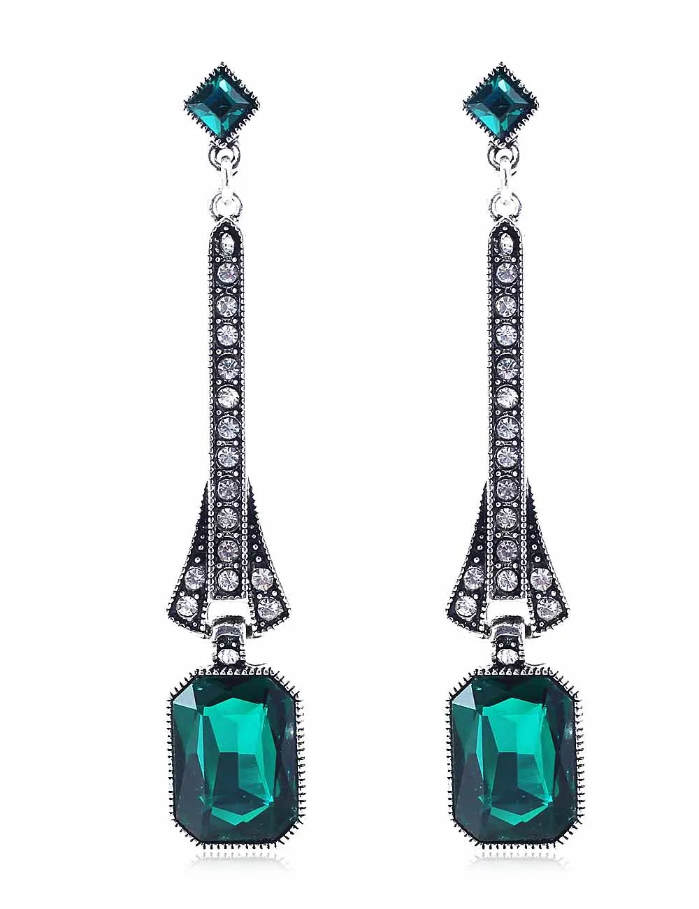 YaYi Green Glass White Rhinestone Long Dangle Earring Women's Fashion Ancient Silver Earrings gems For Women Girls | Украшения и