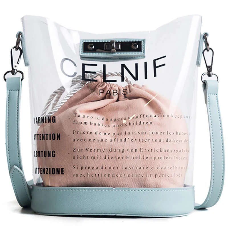 Summer New Fashion Bag Transparent Letters Solid Color Inner Bag Large Capacity Bucket Bag Shoulder Diagonal Ladies Bag