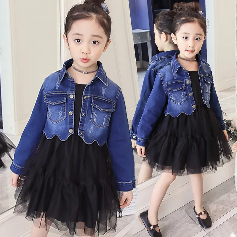 

Autumn Kids Clothing Set for Girls 4 6 8 10 12 Years Black Mesh Party Dress and Fashion Blue Jeans Jacket Two Pieces Sets 5M43A