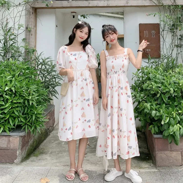 

2019 Summer Cute Women's Bestie Dress 2Versions Hearts Suspender Long Dress & Short Sleeve Dress Chiffon One Piece