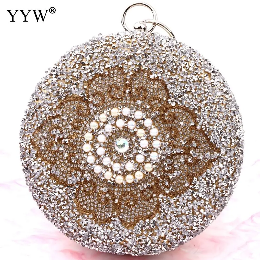 

Circular Ring Crystal Evening Party Clutch Bag Women Luxury Metallic Rhinestones Wedding Purse Handbag Flap Round Flower Prom