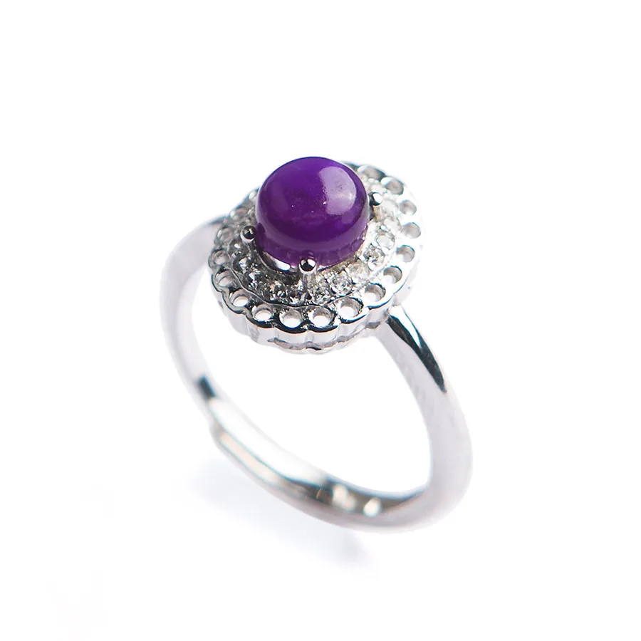 

Genuine Natural sugilite Gems Purple Crystal Round Stone Beads Charm Lady Adjustable Size Sliver Ring 6*6mm