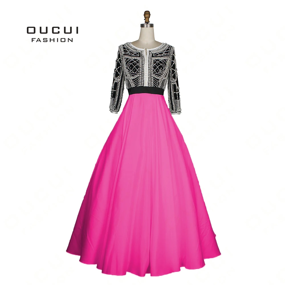 Украшенное жемчугом арабское мусульманское бальное платье для выпускного вечера длинное вечернее Бордовое платье ручной работы с рукавами три четверти OL103047 - Цвет: rosy