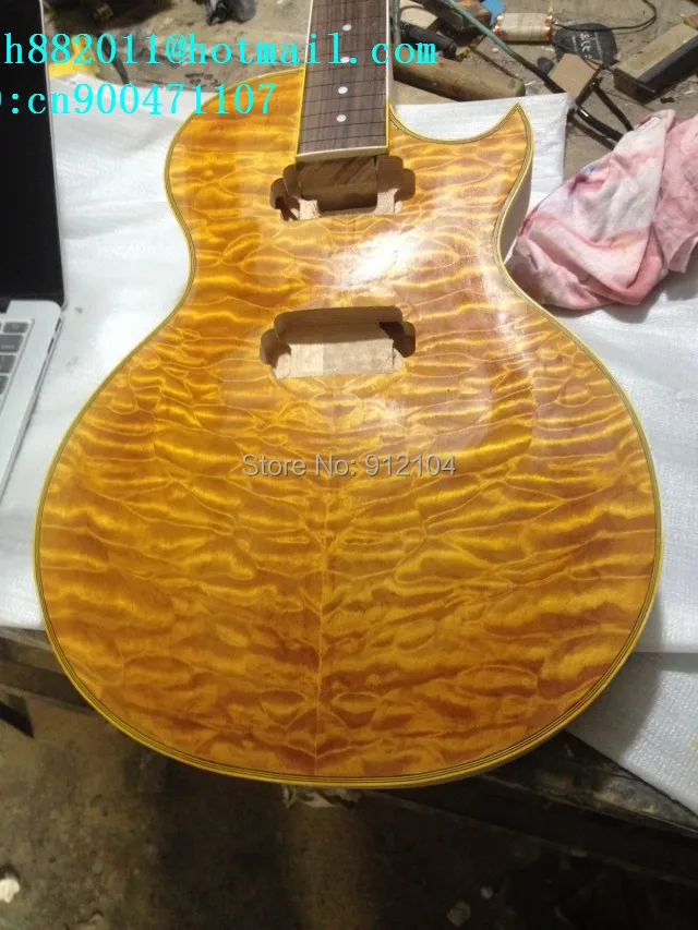 

new semi-finished electric guitar guitar with sticking tiger stripes mahogany body without paint F-1956+free shipping