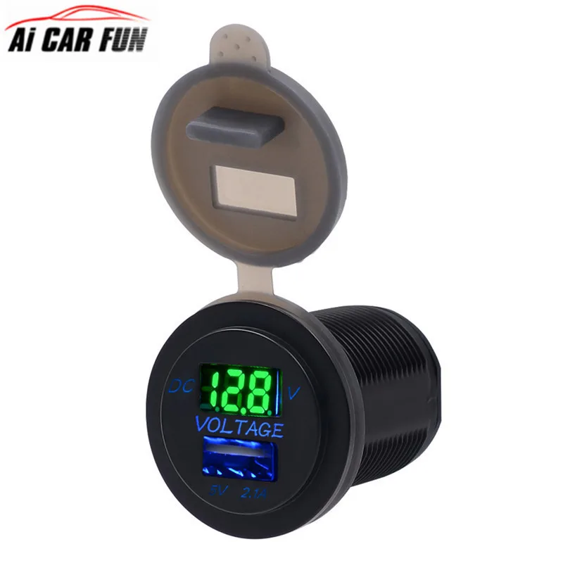 

Universal 2-in-1 Car USB Charger Fast Charging Green Led For Motor Homes Motorbike Boat Mobile Phone Chargers Car Voltmeter