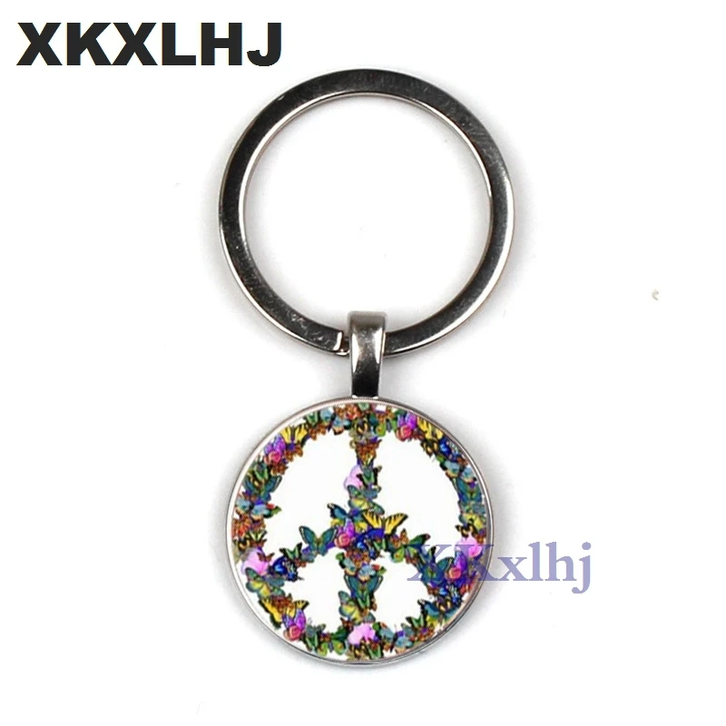 

XKXLHJ Novelty Butterfly Combination Peace Sign Keychain DIY Hippie Peace Bus Sign Glass Cabochon Pendant Charm Key Ring Holder