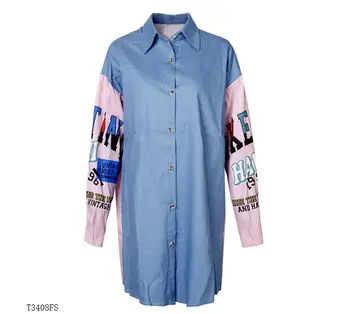 

European style 2019 New arrivals Spring winter fashion women clothes patchwork printing loose casual shrit T3408