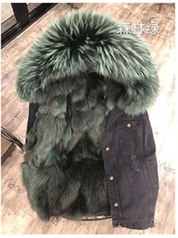 Новая осенне-зимняя куртка, пальто, женская джинсовая куртка с дырками, настоящий большой воротник из меха енота, с капюшоном, натуральный Лисий мех, толстая теплая подкладка - Цвет: black coat green fur