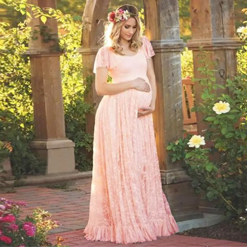 

Maternity Maxi dresses Women's Floral Lace Short Sleeve Photography Fly Sleeves O Neck Long Dress M-4XL D40