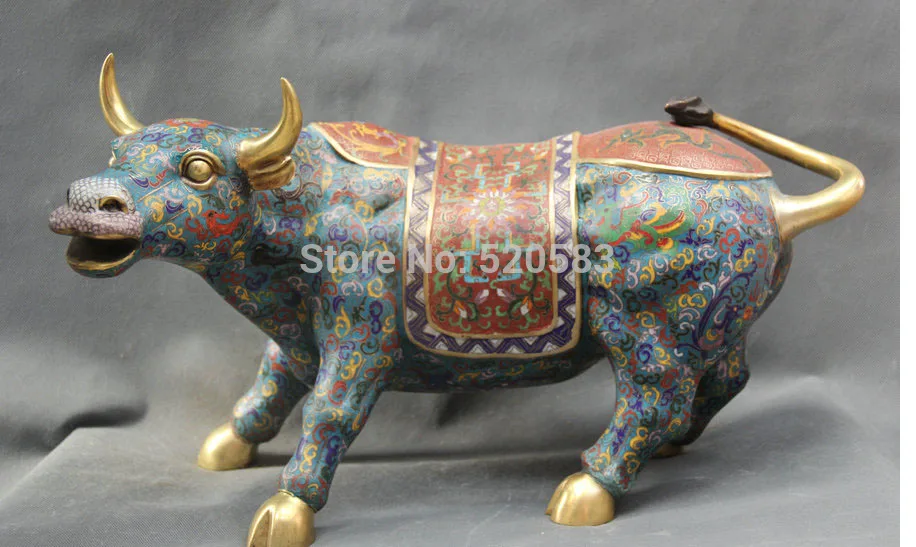 

18" Chinese Fengshui Bronze Cloisonne Animal Zodiac Year Bull Oxen Strong Statue