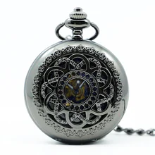 Mechanical Hand Wind Black Pocket Watch Steampunk Roman Numbers Steel Fob Watches Men Clock PJX1240