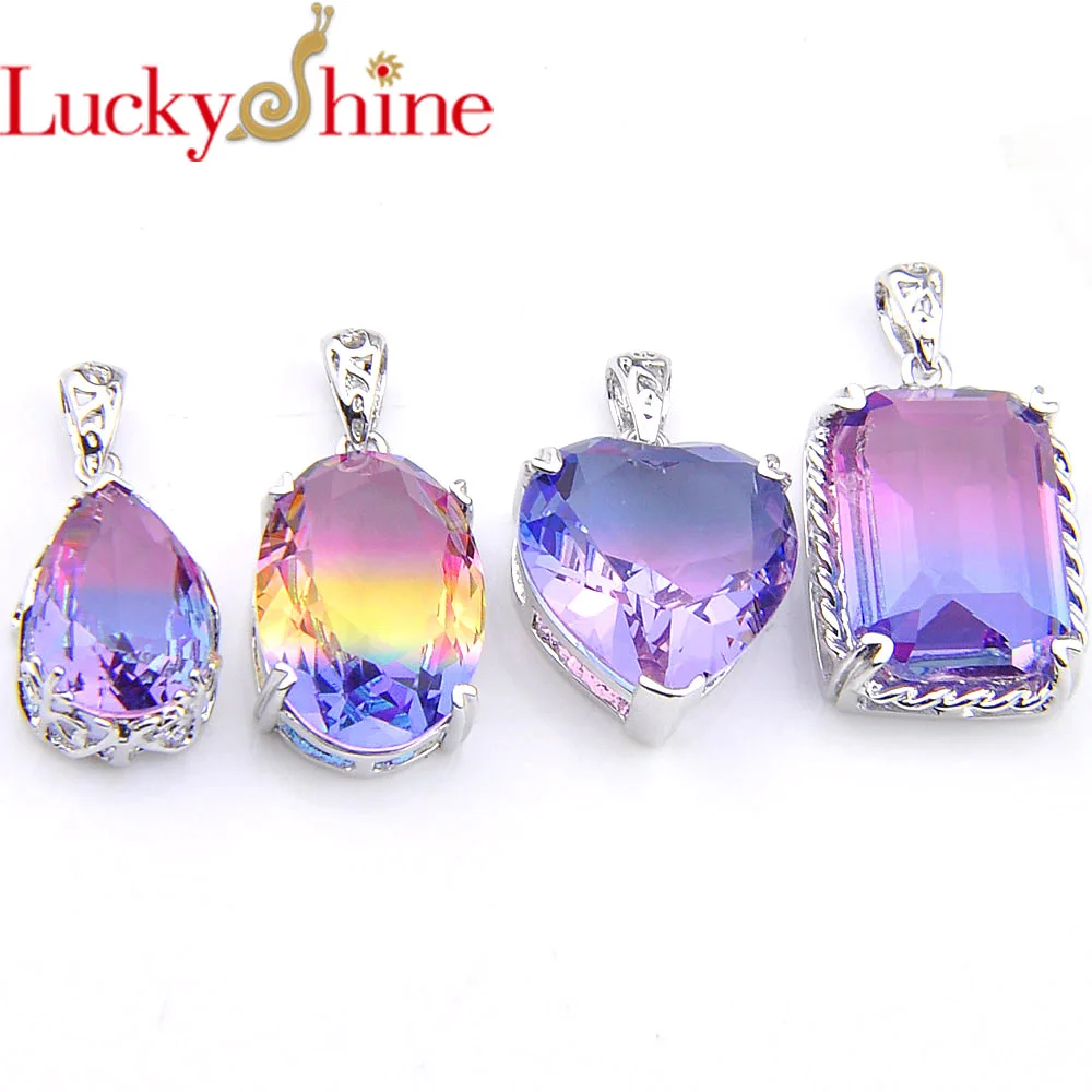 Luckyshine Mix 4Pcs/Lot  Silver Plated Copper Fashion Lady Jewelry Charm Tourmaline Created Purple Crystal Necklace Pendants