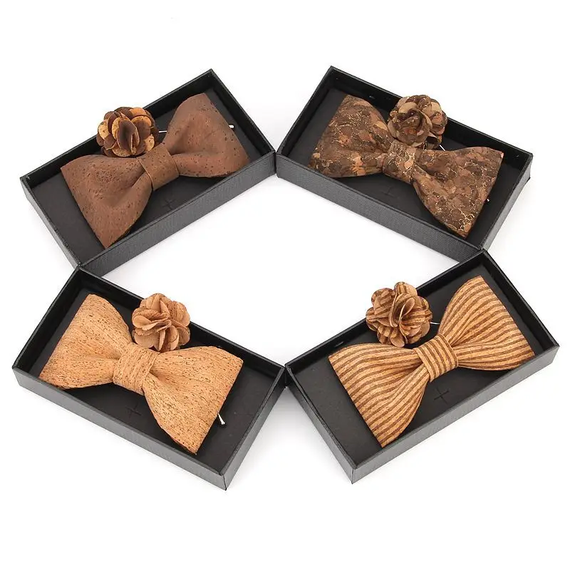 

Novelty Men Boy Cork Wood Banquet Pin Brooches Bow Tie Set Handmade Wedding Party Wooden Neckwear Butterfly Suit Bowtie Cravat