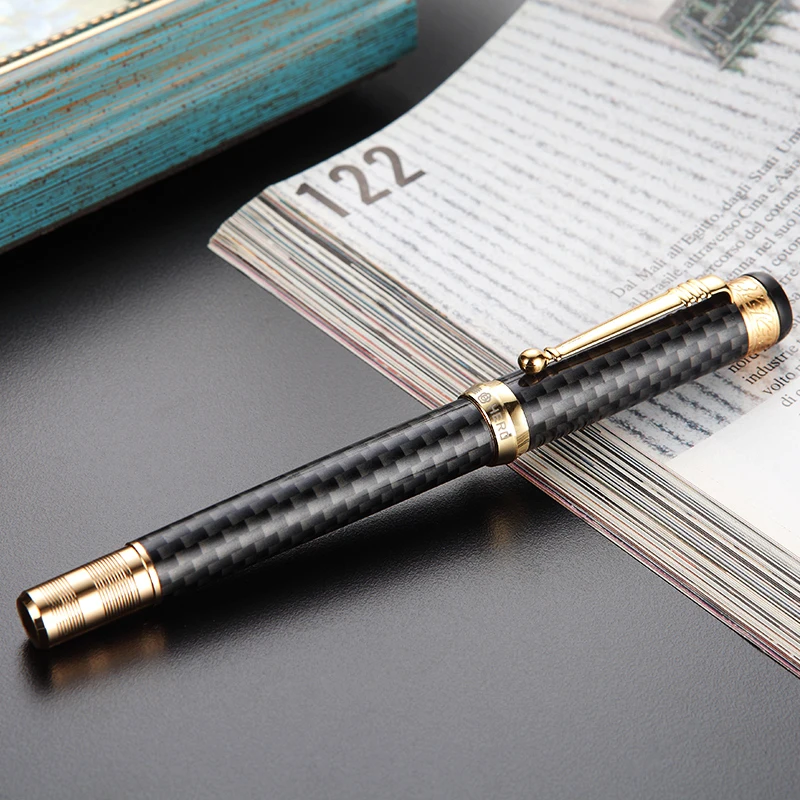 Ouro de Fibra de Carbono Escrita com Caneta de Tinta Tinta para Escritório Presente do Negócio Pen com Clipe de Ouro Herói 768 Fountain de Fibra de Carbono Cinza Iridium Belas Nib 0.5 Milímetros Moda para Escritório 11 com clipe de ouro irídio fino nib