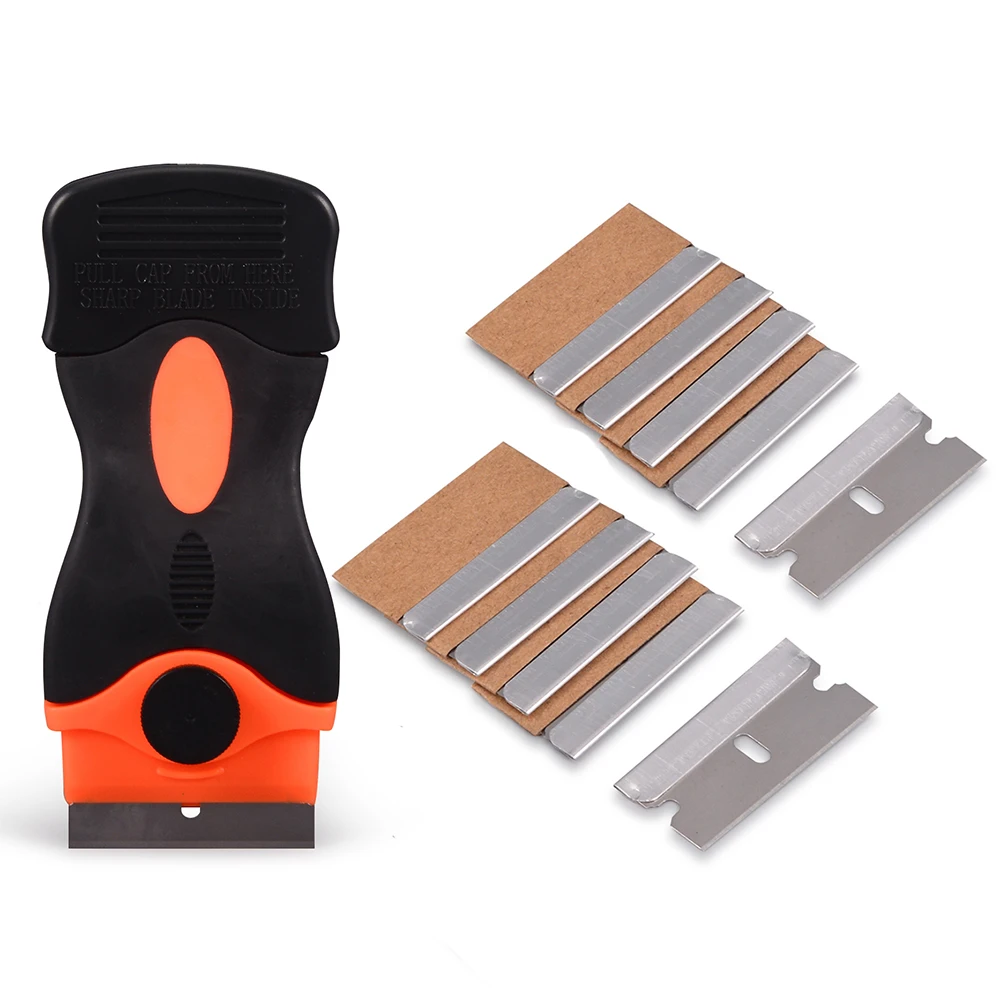 

EHDIS Triumph Razor Scraper+10Pcs 1.5"Carbon Steel Razor Blade Old Film Glue Car Sticker Remover Squeegee Knife Cleaning Tools