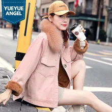 Зимнее плотное джинсовое хлопковое пальто для женщин, брендовая Свободная куртка с воротником из натурального Лисьего меха, Повседневная теплая верхняя одежда с длинным рукавом, Женская S-XL