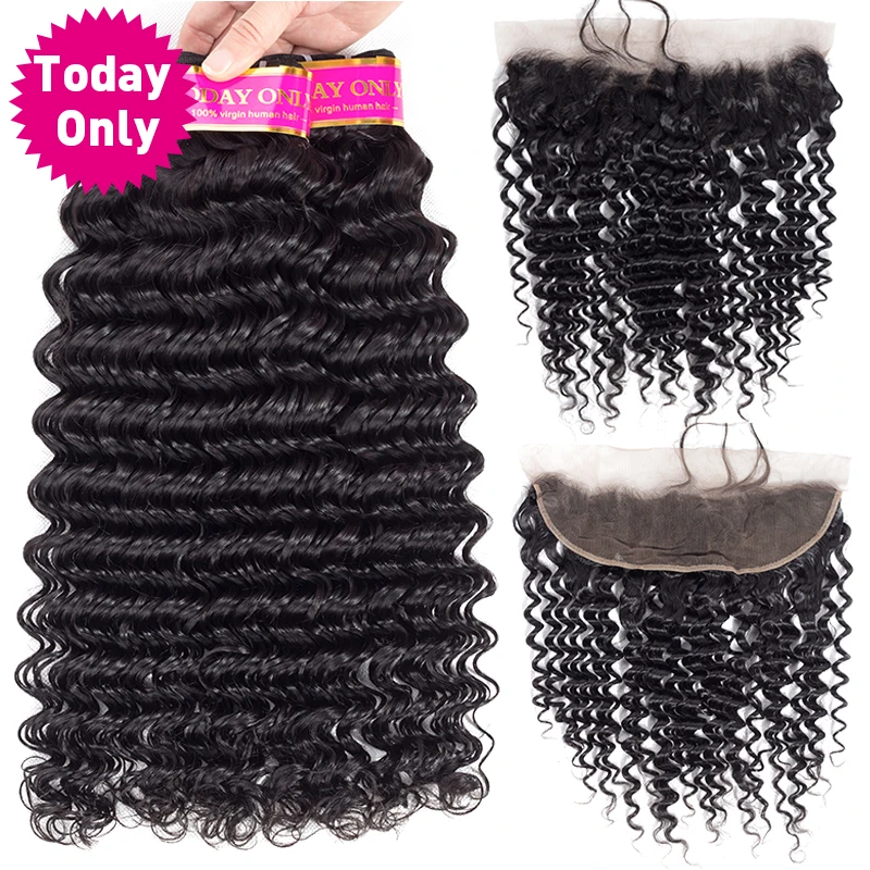 

TODAY ONLY Brazilian Deep Wave 3 Bundles With Frontal Human Hair Bundles With Frontal Brazilian Hair Weave Bundles With Closure