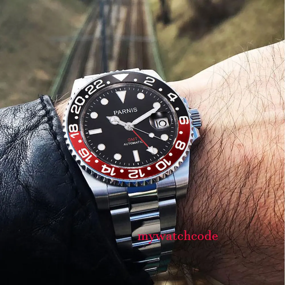Ceny 40mm Parnis mechaniczne zegarki czarna czerwona ceramiczna ramka szkiełka zegarka czarna tarcza GMT świecące znaki szafirowe szkło automatyczny męski zegarek