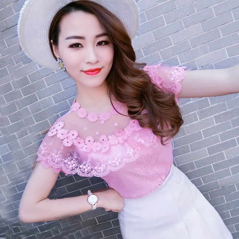 

Women Summer Shirt Sweet Floral Lace Blouse Short Sleeve Backless Ruffles Dot Mesh Blouses Blusas Lady Slim Short Tops SF913