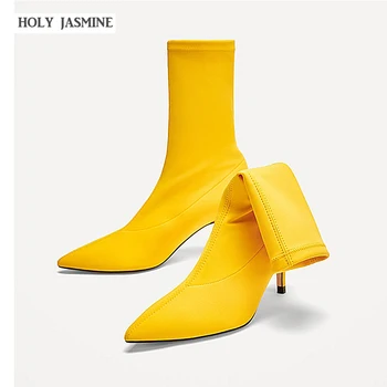 

2019 New Women stretch boots Sock Boots Pointed Toe Elastic High Boots Slip On High Heel Ankle Boots Women Pumps Stiletto Botas