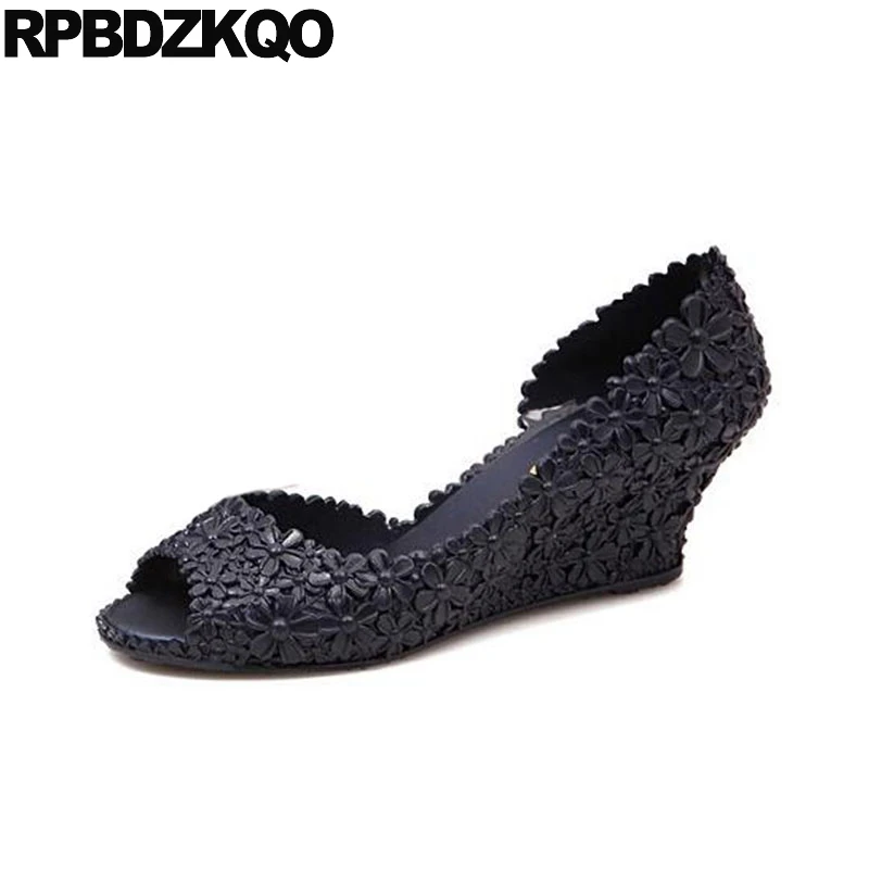 

Black Fashion Beige Women Sandals 2018 Summer Blue Wedge Pumps Peep Toe Silver High Heels Flower Plastic Slip On Shoes Jelly