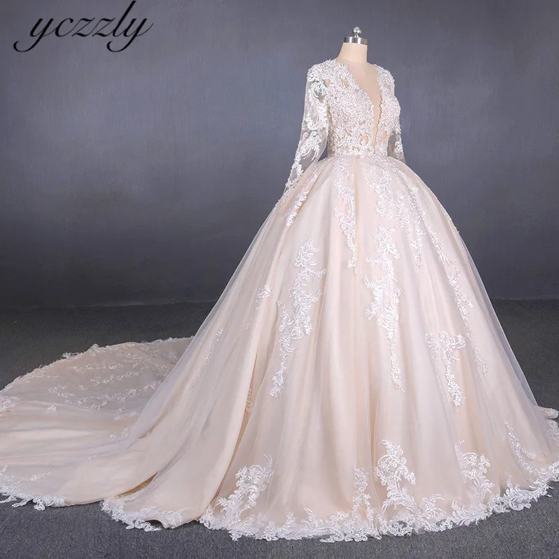 Robe De Mariee элегантное бальное платье с v-образным вырезом и длинными рукавами кружевное свадебное платье цвета шампанского, большие размеры, Аппликации Свадебные платья с жемчугом