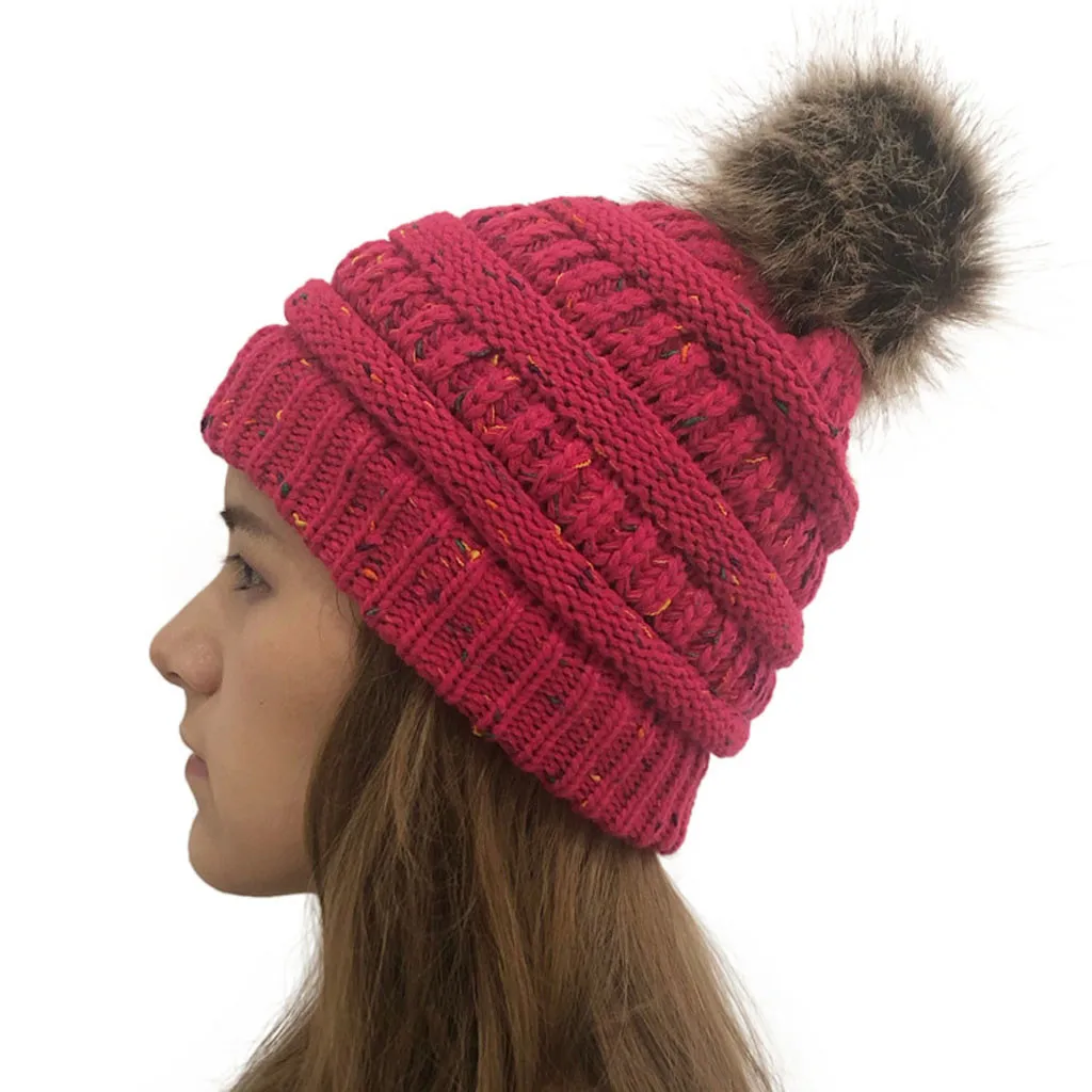 Женские шапки с бархатным ворсом внутри, зимние шапки для женщин, мех енота, шапка с помпоном, женские шапочки с узором# Zer - Цвет: Hot Pink