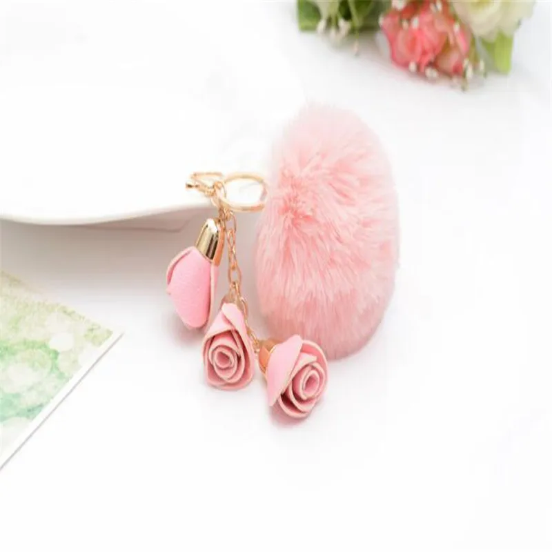 

Flower Fur pompom Keychain pom pom Leather Rabbit Fur key chain pompon porte clef For Bag Charms Key ring B153