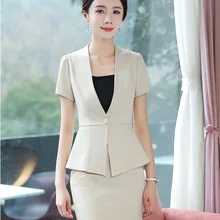 Летние Элегантные бежевые 2 шт. с топами и юбкой для дам униформа для салонов красоты стили блейзеры наборы Бизнес Рабочая одежда