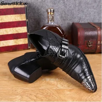 

2019 Fashion Designer Iron Bukcle Men's Formal Shoes Real Leather Metal Toe Men Loafers Zapatos Hombre Plus Size Party Shoes
