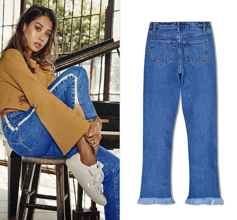 Europe and the United States women's high waist loose straight jeans nine pants bilateral zipper adjustment tassel tassels up to people section (8)